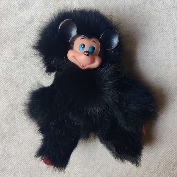 Unmarked Other - Vintage Mickey Mouse Rubber Face Real Fur Hanging Toy 7" Blue Eyes Rare 70s 80s